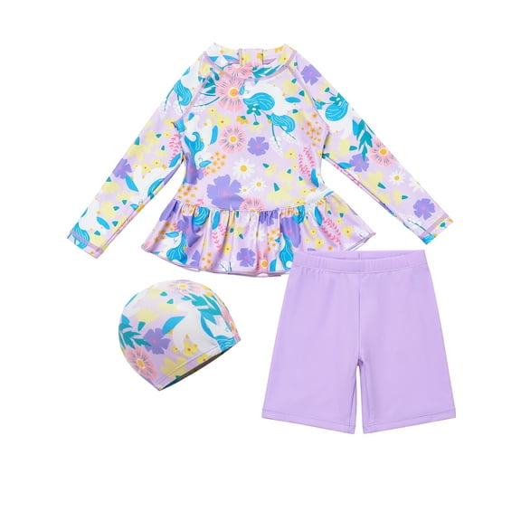WIBACKER 2-11 Year Girls Rash Guard 2 Pieces Bathing Suit Long Sleeve Swimsuit  Shorts Swim Cap Sets UPF 50  Swimwear