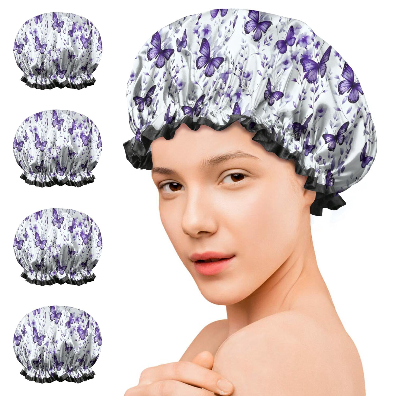 Shower Caps,White Purple Butterfly Plant Pattern Waterproof Shower Cap for Women 4 Pieces,Double Reusable Hair Cover for Shower PEVA Elastic Stretch Hem