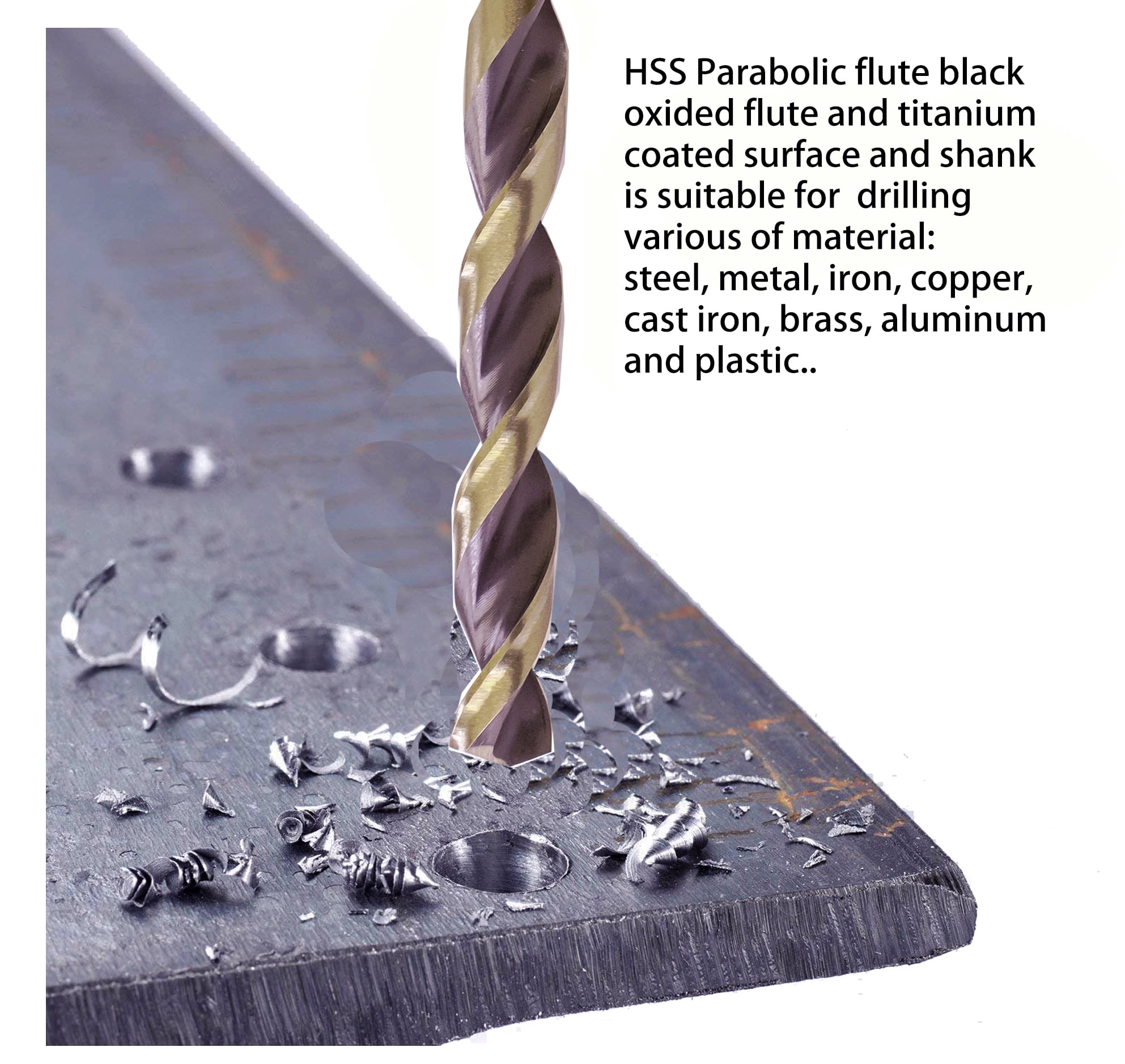 Hss Drill Bit Jobber Parabolic Golden/Black 3-Flat Shank 5Pcs 31/64 inch