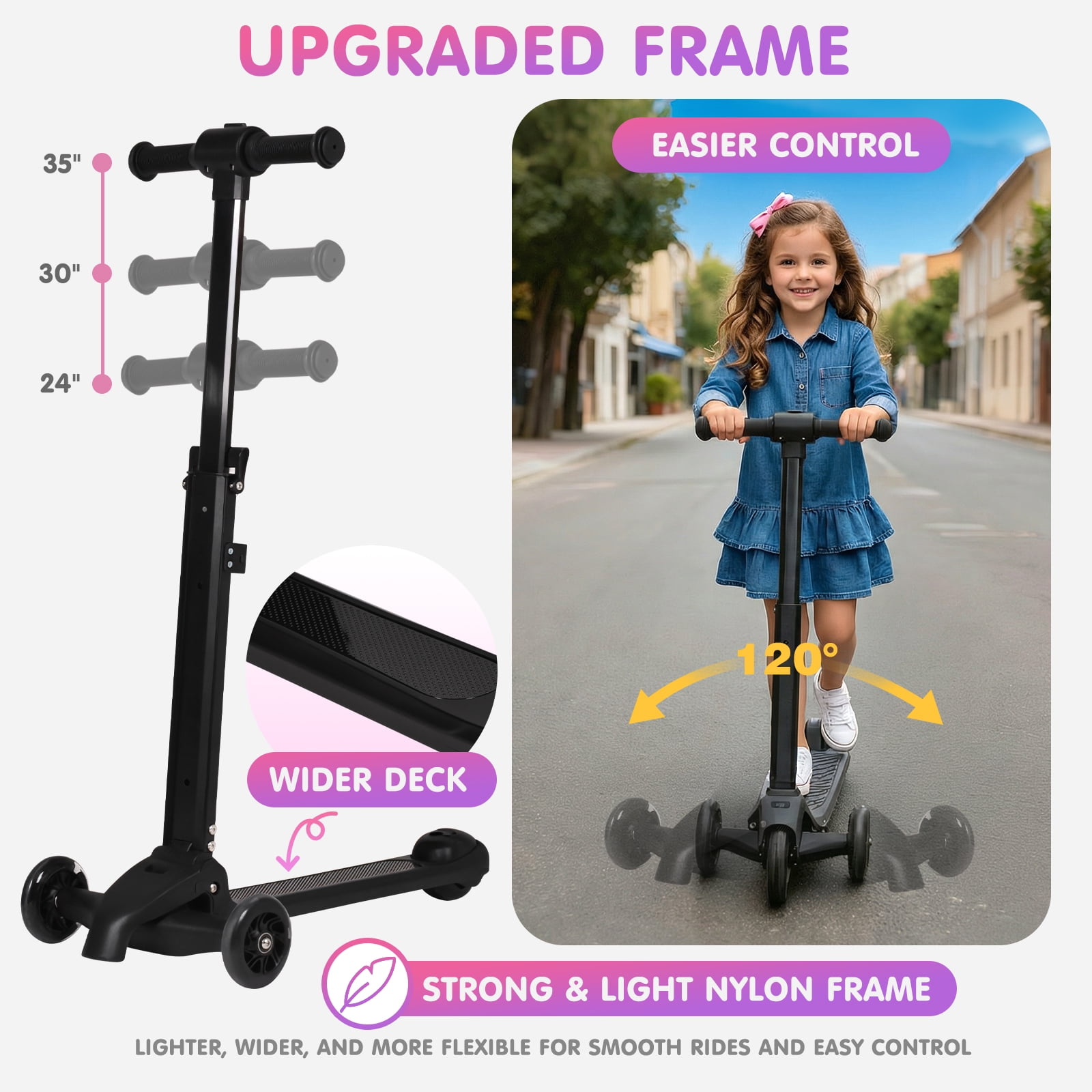 Advwin Kids Scooter Luggage with LED Wheels, 4-in-1 Detachable Foldable Ride-On Suitcase, Travel Sticker Design Hardside Carry-On Travel Luggage, Convertible Backpack, Pink