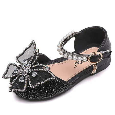 Image of Actoyo Girls Dress Shoes Big Bow Mary Jane Wedding Flower Bridesmaids Low Heels Glitter Sequins Princess Ballet Flats Shoes Black for Kids (US 12.5 Little Kid)