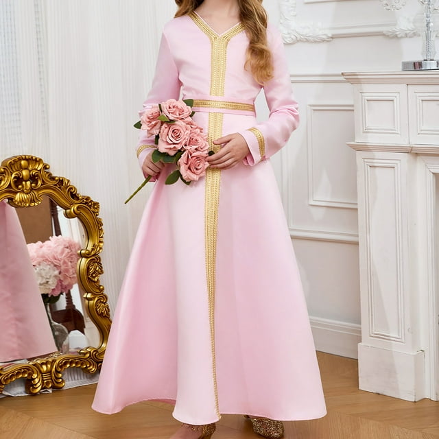 Vestido largo estilo étnico para niñas de talla mediana y grande.