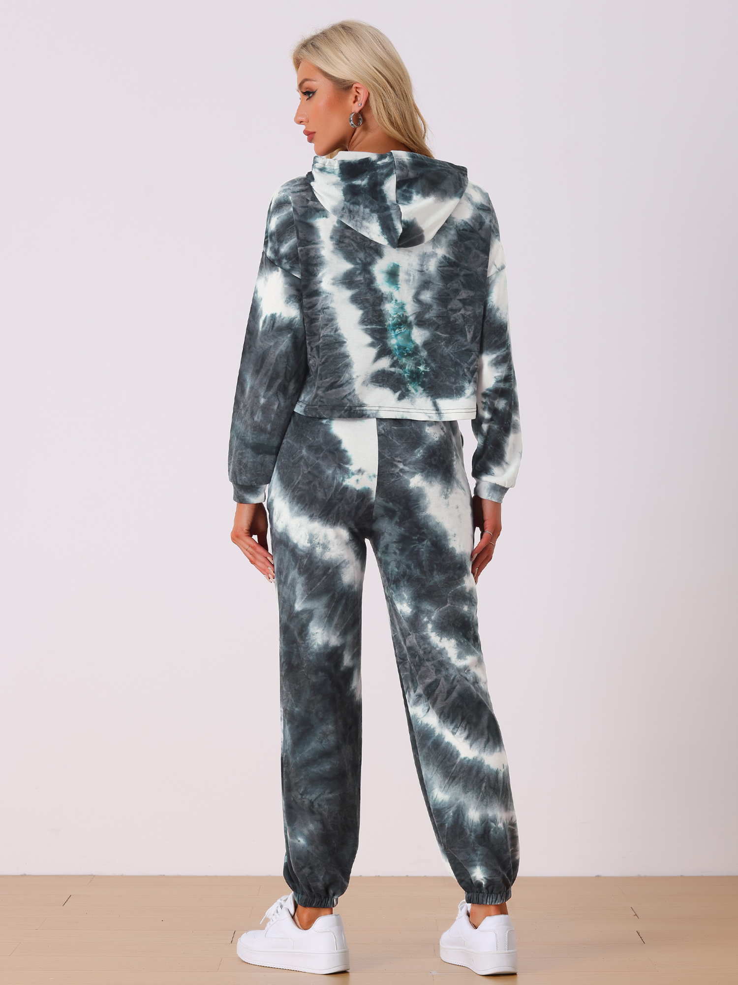 DARING DIVA Women's 2 Piece Tie Dye Hoodie Drawstring Sports Outfit L Black