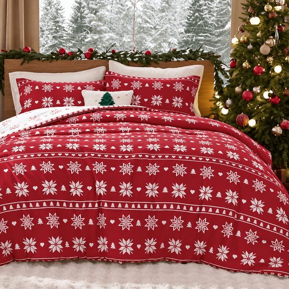FURMORA Christmas Duvet Cover Set King Size, 3-Piece Brushed Fabric Holiday Bedding Set with Red Snowflake Print, 1 Duvet Cover and 2 Pillow Shams