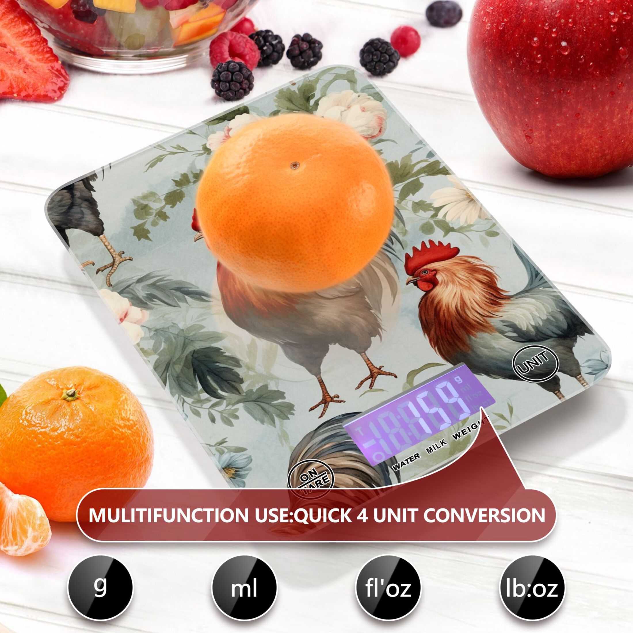 Chickens Flowers Leaves Food Scale Digital Kitchen Scale Waterproof Tempered Glass Tare Function 11 lb for Baking Cooking Meal Prep
