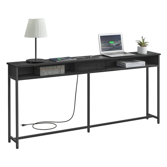 VASAGLE Table Console 70 Pieds' avec Prise et Étagères, Table de Canapé avec Station de Charge Cachée, Table Arrière Mince, Longue Table d'Entrée pour Couloir, Salon, Noir