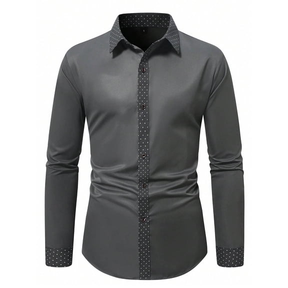 HOOMEUMY Mens Dress Shirts Spring Casual Business Patchwork Button-Up Lapel Collar Shirt Solid Color Long Sleeve Comfy V-Neck Lightweight Shirt (Black,S)
