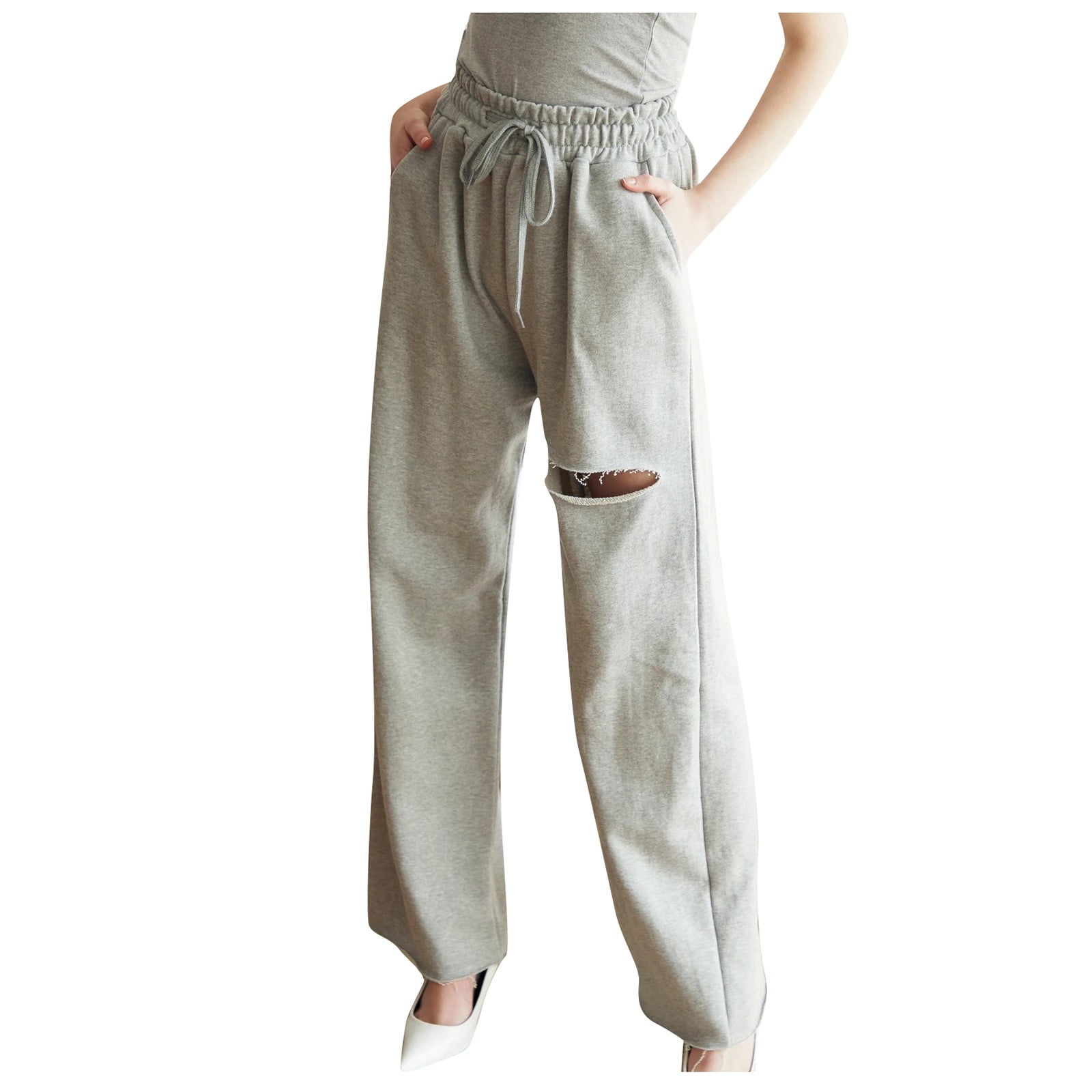 Meichang Wide Leg Ripped Sweatpants Women Solid Drawstring High