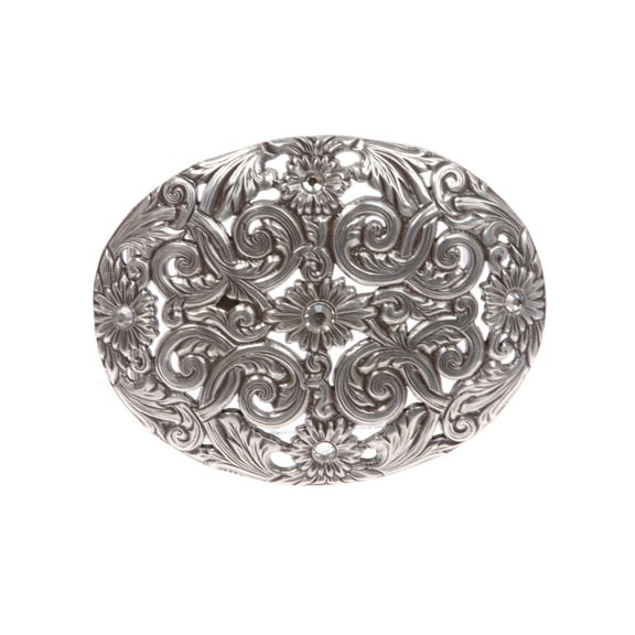 Western Rhinestone Silver Perforated Sunflower Filigree Oval Buckle