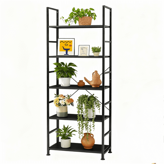 Blazezo 5 Shelf Bookcase, Industrial Vintage Tall Bookshelf, Wood & Metal Storage Organizer, Narrow Display Shelf for Living Room, Bedroom, Home Office, Kitchen, Entryway, Small Spaces (Black)