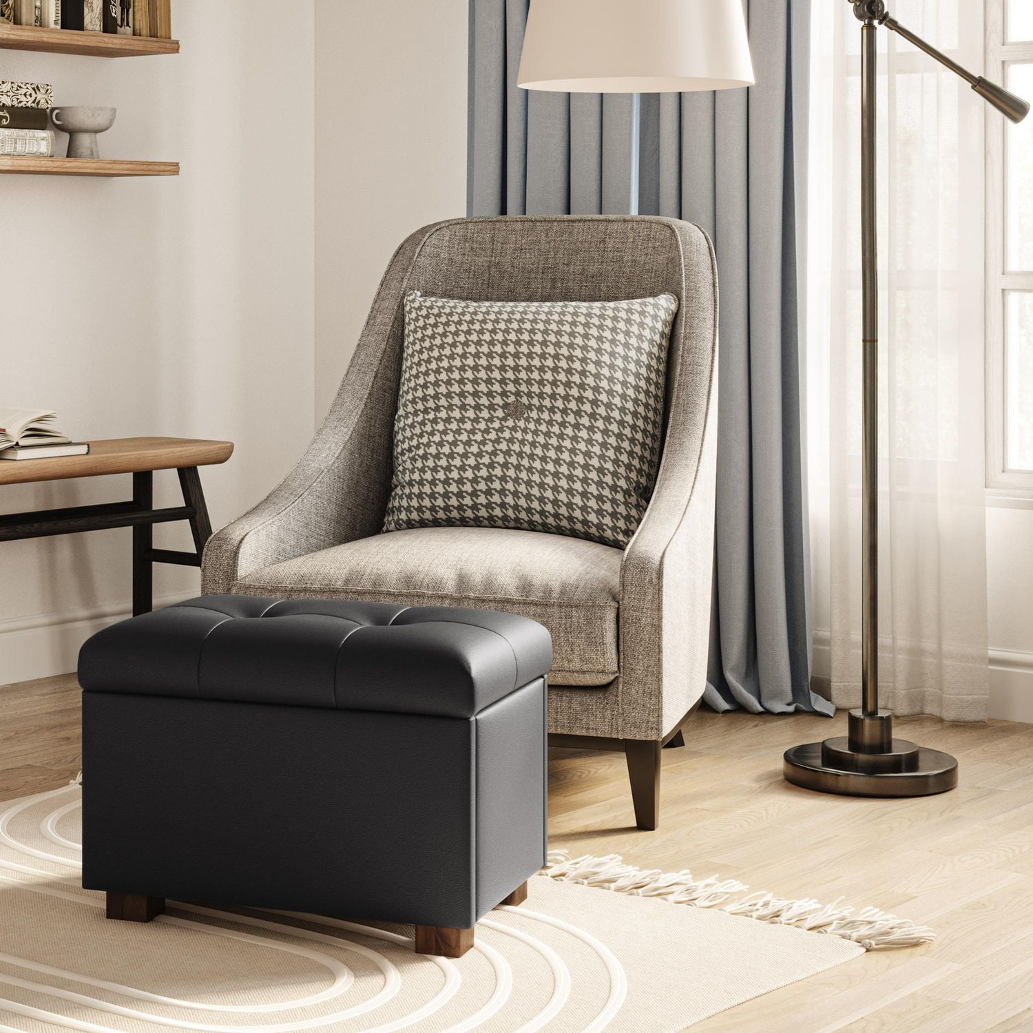 Petit pouf d'intérieur rectangulaire capitonné en similicuir avec rangement CorLiving Asha