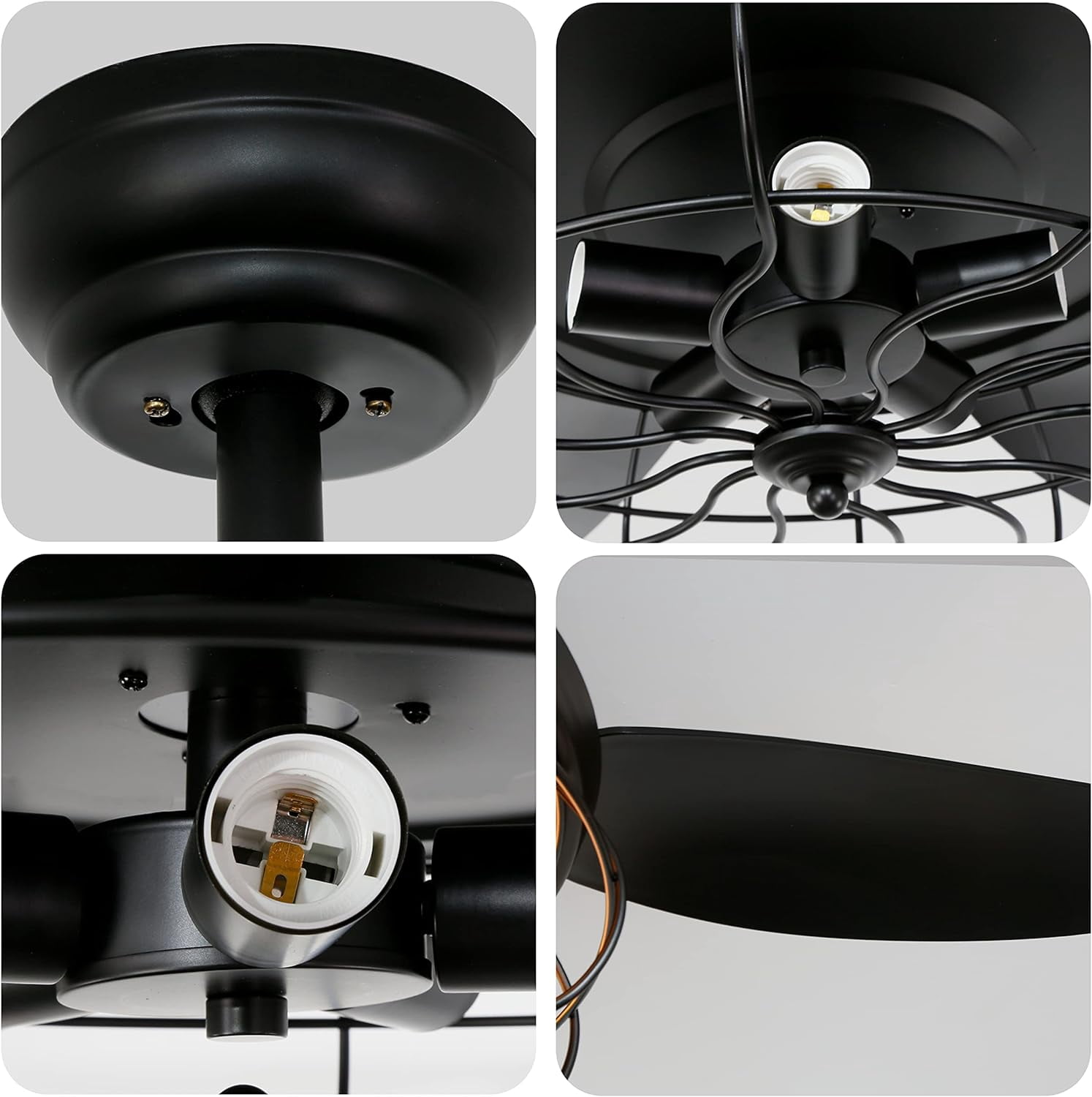 Ohniyou 52" Caged Outdoor Ceiling Fan with Light and Remote Farmhouse Rustic Black Ceiling Fans for Patio Home Kitchen Bedroom