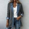 thumbnail image 3 of Kilaqueen Women's Denim Patchwork Blazer, Notched Lapel Long Sleeve One Button Jacket with Pockets, Contrast Casual Office Coat for Streetwear Outfits, 3 of 8