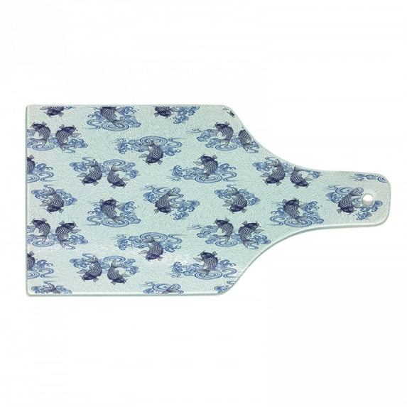 Japanese Cutting Board, Underwater Creature as Love Couples on Waves Japanese Unique Repeated Print, Decorative Tempered Glass Cutting and Serving Board, Wine Bottle Shape, Dark Blue, by Ambesonne
