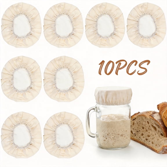 10-Piece Sourdough Starter Jar Covers - Breathable Fabric Lids for Fermentation - Reusable Stretchable Cloth Jar Toppers for Mason Jars & Glass Canisters - Natural Kitchen Storage Accessories