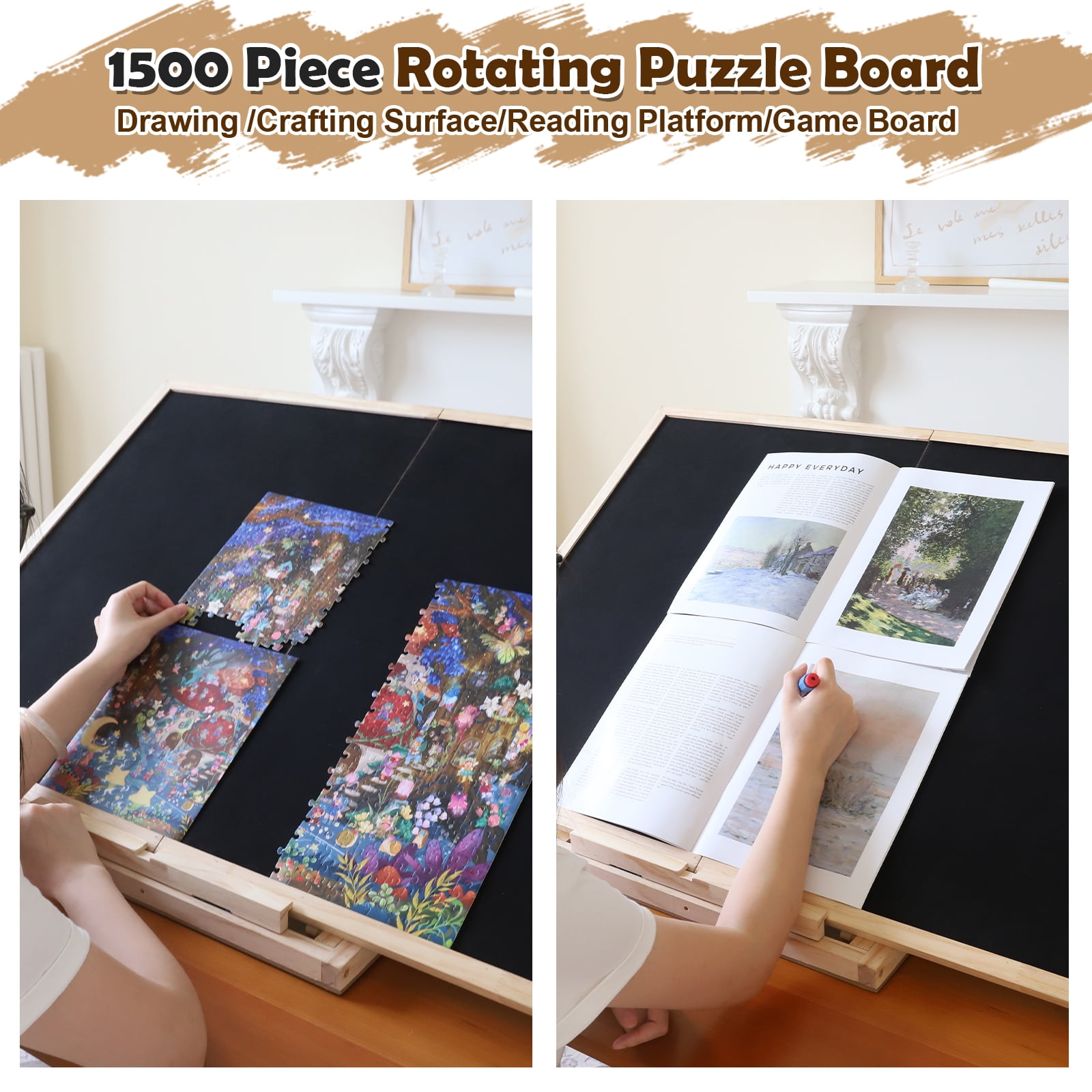 Foldable Puzzle Board 1500 Pieces, Rotating & Tilting Jigsaw Puzzle Board with 4 Non-Woven Drawers, 26x35.8'' Wooden Puzzle Table, Portable Board GameTable for Adults, Birthday Gift for Mom