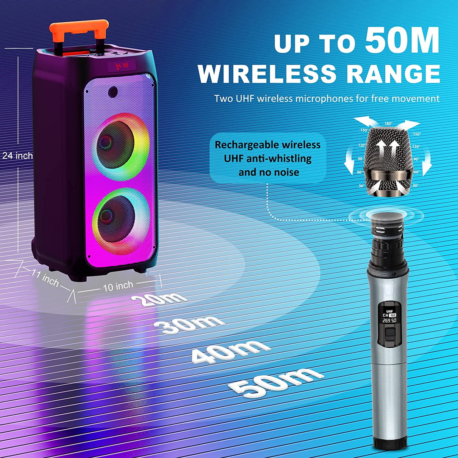 FanFun Large Bluetooth Speaker, 23.82" Big Party Speaker with Wheels, Trolley Bar, DJ Light, 500W Peak Power, Deep Bass Portable Outdoor Speaker System with Karaoke Microphone, Usb, Aux in