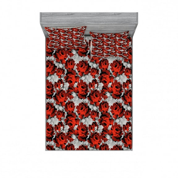 Ambesonne Floral Fitted Sheet & Pillow Sham Set, Roses Vintage Valentines, Full, Red Grey Black