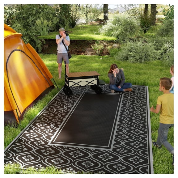 Outdoor Rug Reversible 9x18, Waterproof Plastic Straw Rug with Carry Bag, Black & Gray Gourd Border, Patio Camping Rug