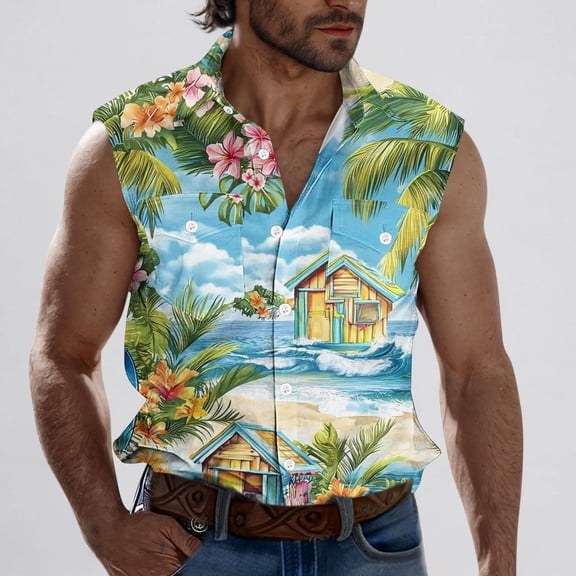 Blczomt Collared Tank Tops for Men Button Down Hawaiian Sleeveless Shirt Beach Vacation Casual Summer Men Tops