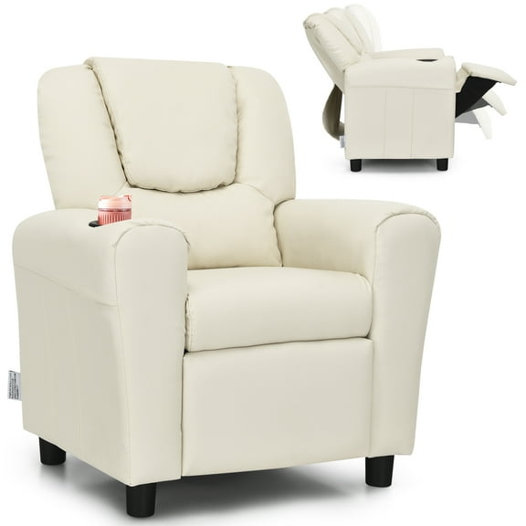 Infans Kids Recliner Chair PU Leather Armrest Sofa w/Footrest Cup Holder Beige