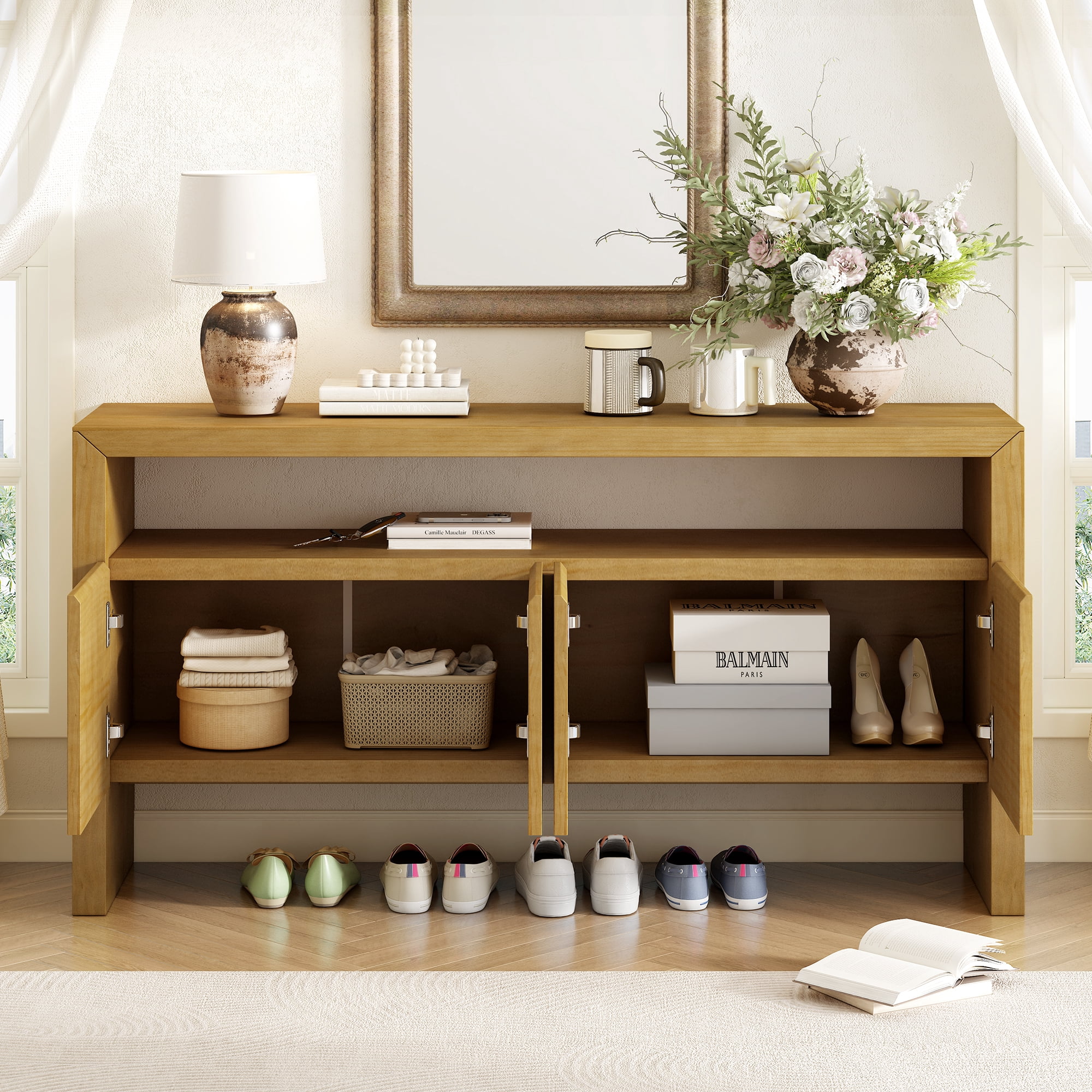 Euroco 60" Sideboard Buffet Cabinet with Storage, Solid Wood Coffee Bar Station Table with 4 Doors and Open Shelf for Living Room,Hallway,Natural
