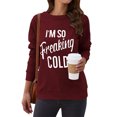thumbnail image 1 of Camisetas de mujer con cuello redondo y manga larga con estampado de letras, Top holgado informal para uso diario, Color rojo vino, palabras blancas S, 1 of 6