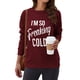 thumbnail image 1 of Camisetas de mujer con cuello redondo y manga larga con estampado de letras, Top holgado informal para uso diario, Color rojo vino, palabras blancas S, 1 of 6