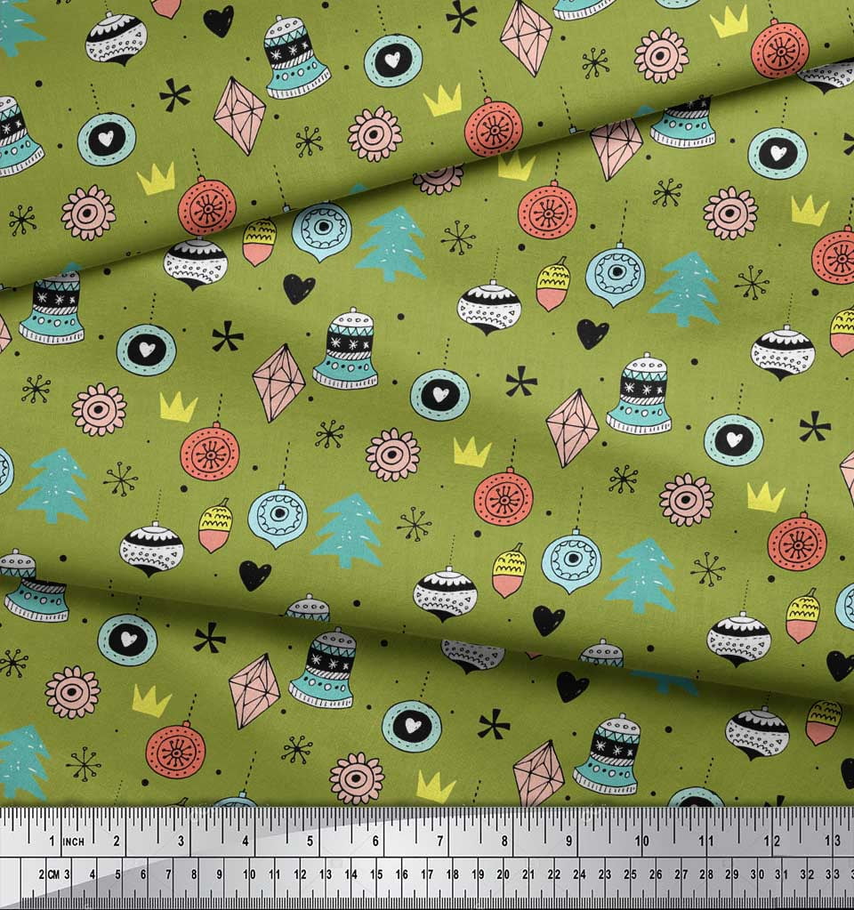 Soimoi Green Rayon Fabric Tree & Ornament Christmas Print Fabric by the Yard 42 Inch Wide
