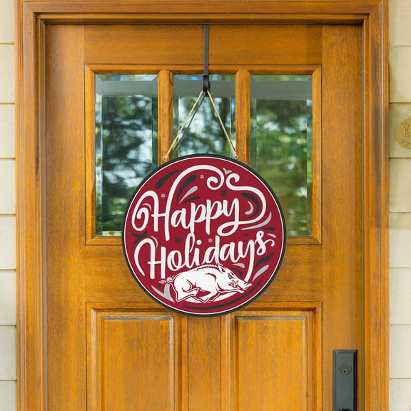 Arkansas Razorbacks 18" Happy Holidays Wooden Round Door Sign