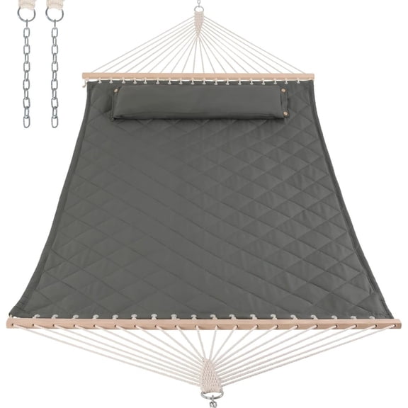 LZQP 2 Person Hammock with Spreader Bars and Detachable Pillow, Quilted Hammock for Outdoors Indoors, 450 LBS Weight Capacity, Gray