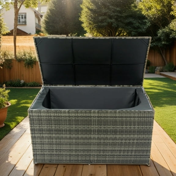 200-Gallon Wicker Outdoor Storage Box with Lid - Ideal for Cushions, Kids Toys, Pillows & Towels