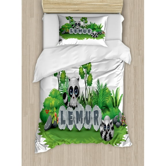 Lemur Duvet Cover Set, Ring Tailed Madagascar Animal Forest Nature Illustration, Decorative 2 Piece Bedding Set with 1 Pillow Shams, Twin Size, Grey Lime Green, by Ambesonne