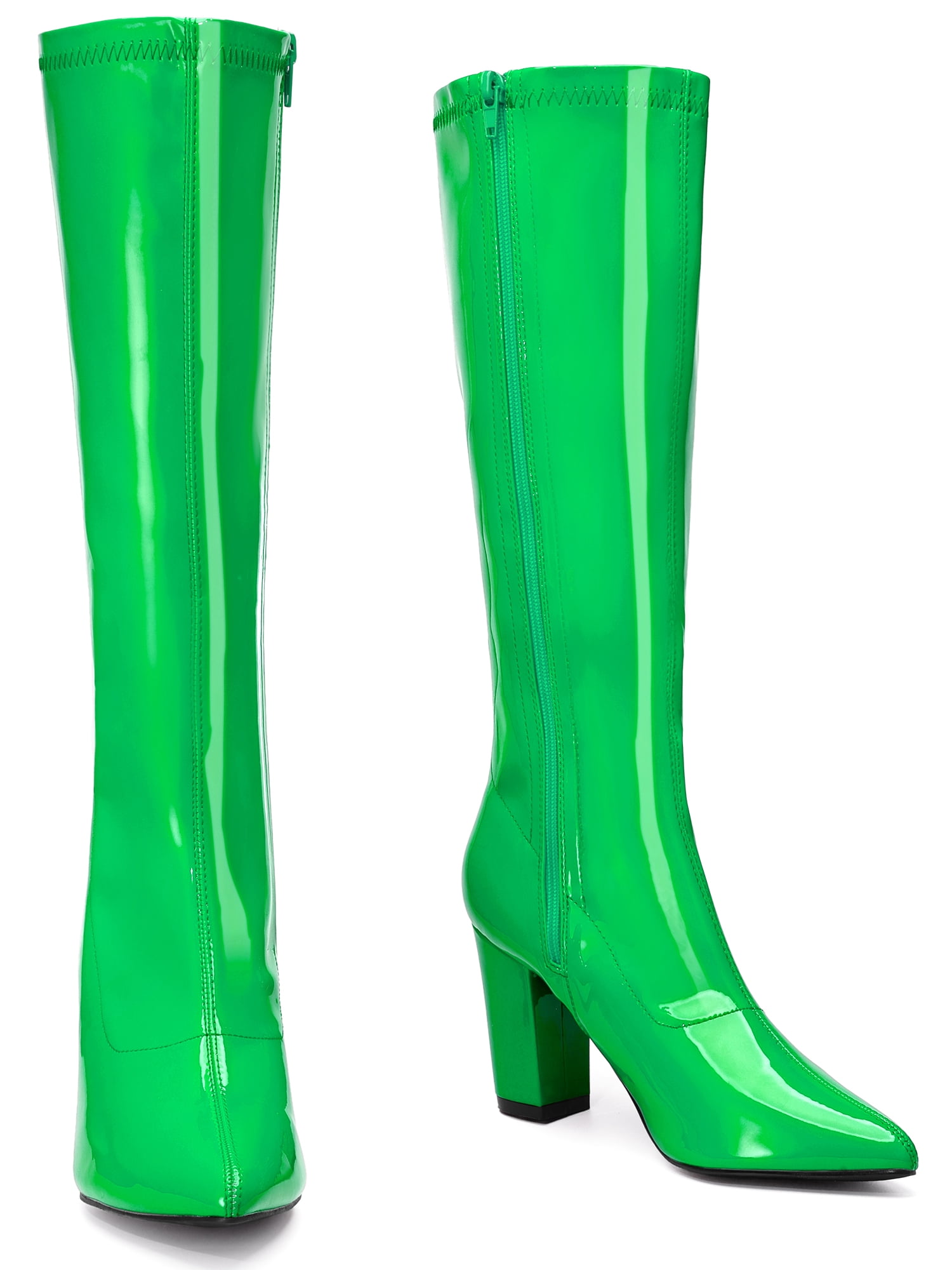 DARING DIVA Women's Go Go Boot Patent Leather Chunky Heels Knee High Boots Green 9