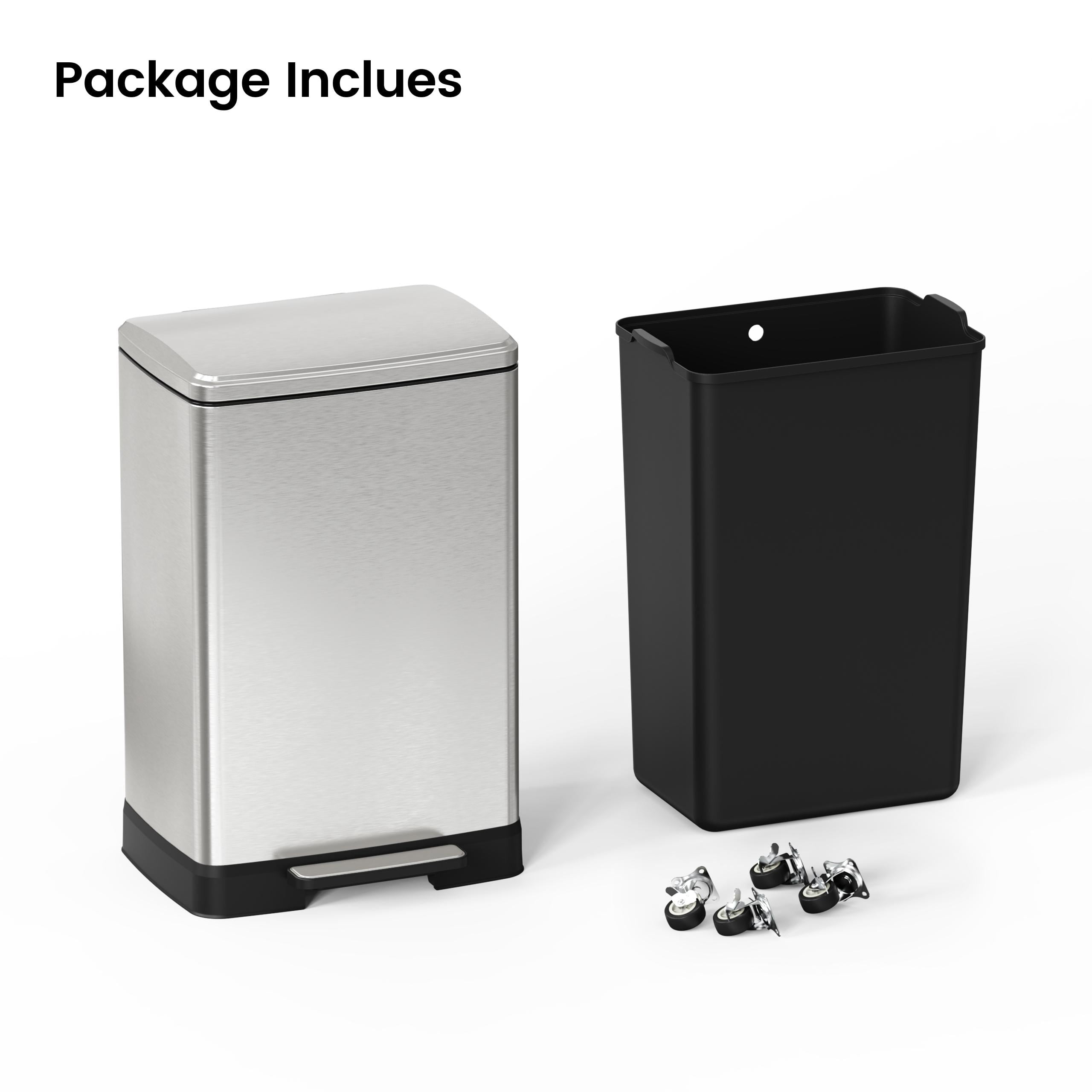 17 Gallons Pedal Trash Can with Soft Close Lid, Removable Inner Bucket & Detachable Wheels, Odor Control Slot for Kitchen Home, Brushed Nickel
