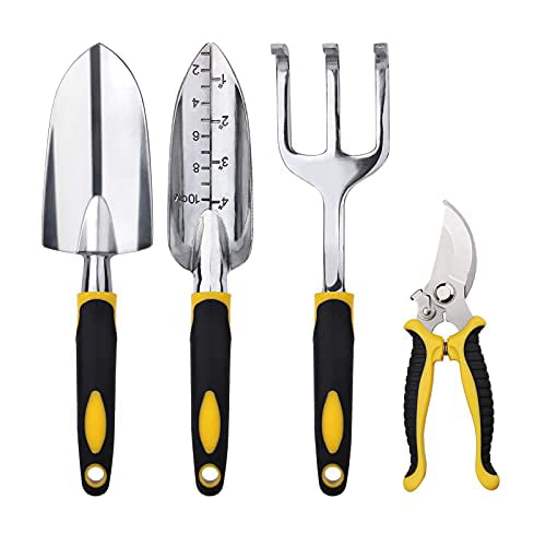 Garden Tool Kit Include Pruning Shears 4 Pcs DIGGOLD Garden Tools Set Gardening Gifts Heavy Duty Aluminum Gardening Tools with Soft Rubberized Non-Slip Ergonomic Handle Black/Yellow
