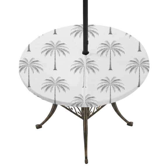Round Outdoor Tablecloth with Umbrella Hole and Zipper, Grey Palm Trees Tablecloth with Elastic Waterproof, Tropical Summer Beach Botanical Patio Table Covers for 36" - 44" Picnic Pool Tables