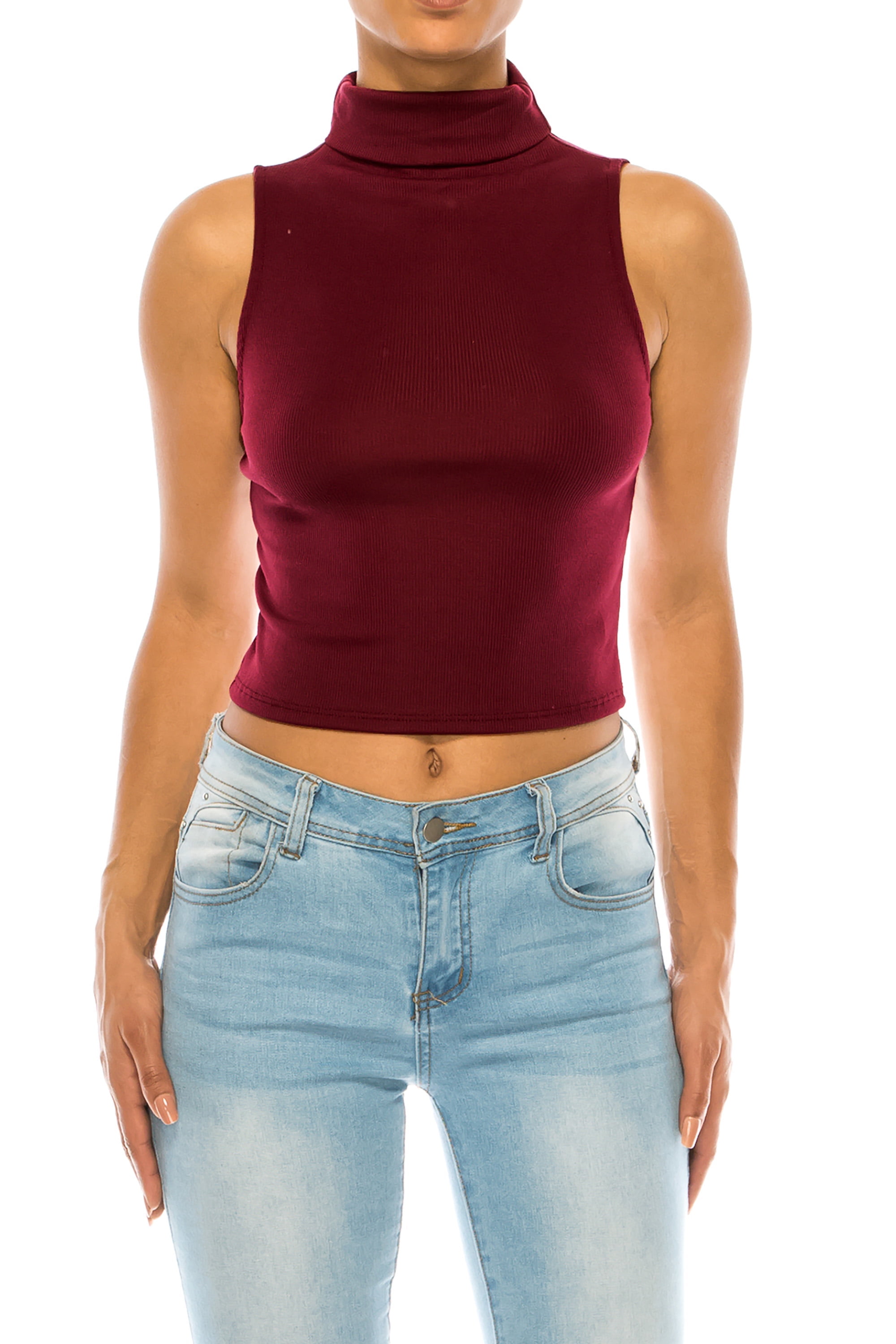 Women's Ribbed Sleeveless High Turtleneck Fitted Knit Crop Tank