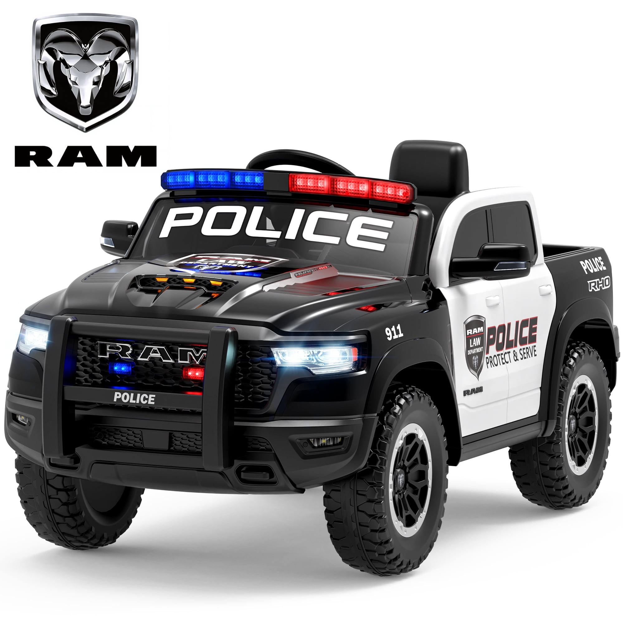 RAM 1500 Ride on Truck Cars, 12V Powered Ride on Toys with Remote Control, 4 Wheel Suspension Electric Cars for 3-5 Yrs Boy Girl W/Key Switch, Safety Belt, Music, Bluetooth, LED, Black Police Truck