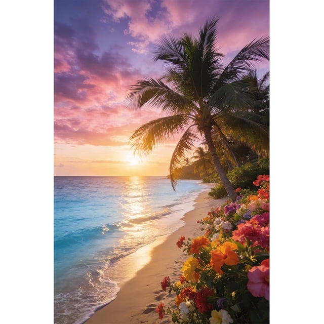 500 Piece Beach Puzzle for Adults, Beautiful Palm Tree Ocean Sunset Jigsaw Puzzle, Colorful Flower Beach Landscape Puzzle, Relaxing Family Game and Gift
