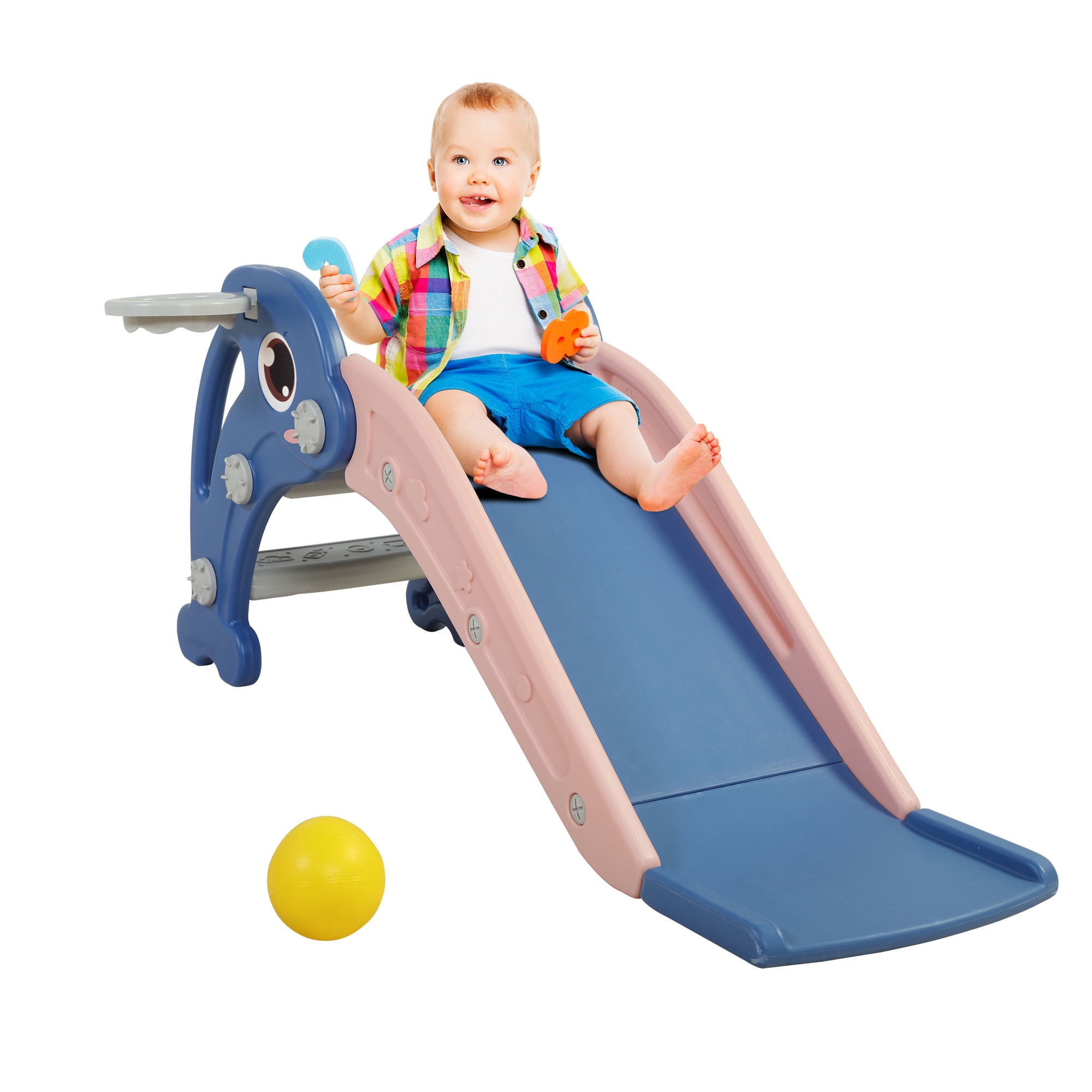 2 in 1 Slide, Toddler Freestanding Extra Long Slide with Basketball Hoop & Ball for Baby Playing IndoorOutdoor, Easy Assembly, Blue