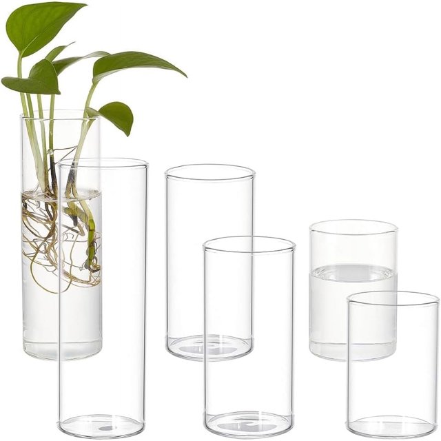 6 jarrones cilíndricos de vidrio, 3 estilos, decoración de jarrones de vidrio en forma de columna, jarrón transparente, candelabro de suspensión alta para decoración del hogar, oficina, boda,