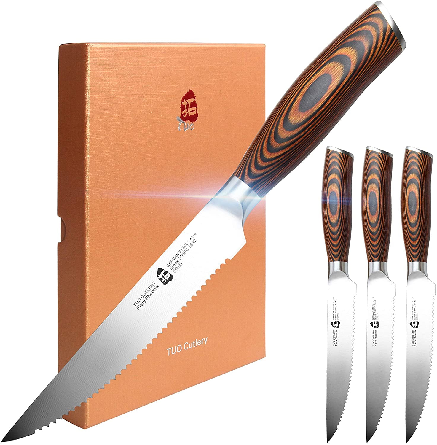 TUO Steak Knife Set of 4, Serrated Steak Knife 5 Inch Sharp Table Knives  Durable Dinner Knife Boxed Set, Forged German Stainless Steel Full Tang  Pakkawood Handle, Fiery Phoenix Series with Gift
