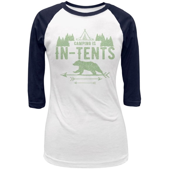 Camping Is In Tents Intense Funny Pun Juniors 3/4 Raglan T Shirt White-Navy SM