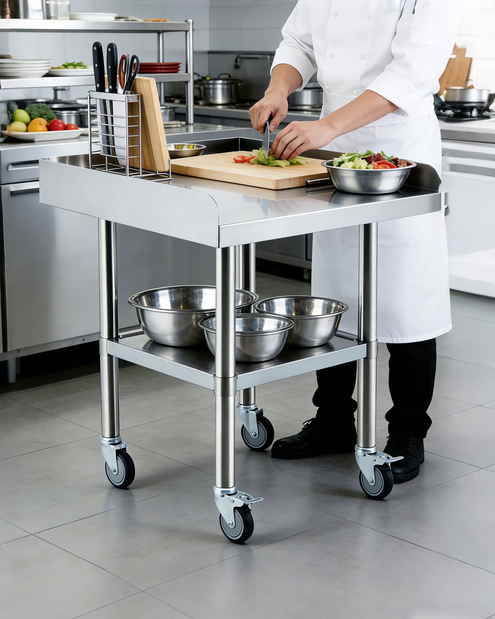 Stainless Steel Rolling Work Table, Commercial Prep Table with 3-Sided Fixed Backsplash & Adjustable Undershelf for Restaurant Garage - 24x24 Inch