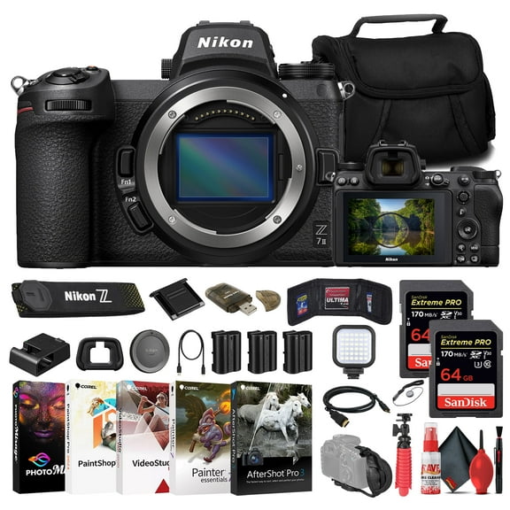 Nikon Z7 II Mirrorless Camera (1653)   2 x 64GB Memory Card   Bag   2 x EN-EL15c Battery   Charger   Card Reader   LED Light   Corel Photo Software   Flex Tripod   HDMI Cable   Hand Strap   More