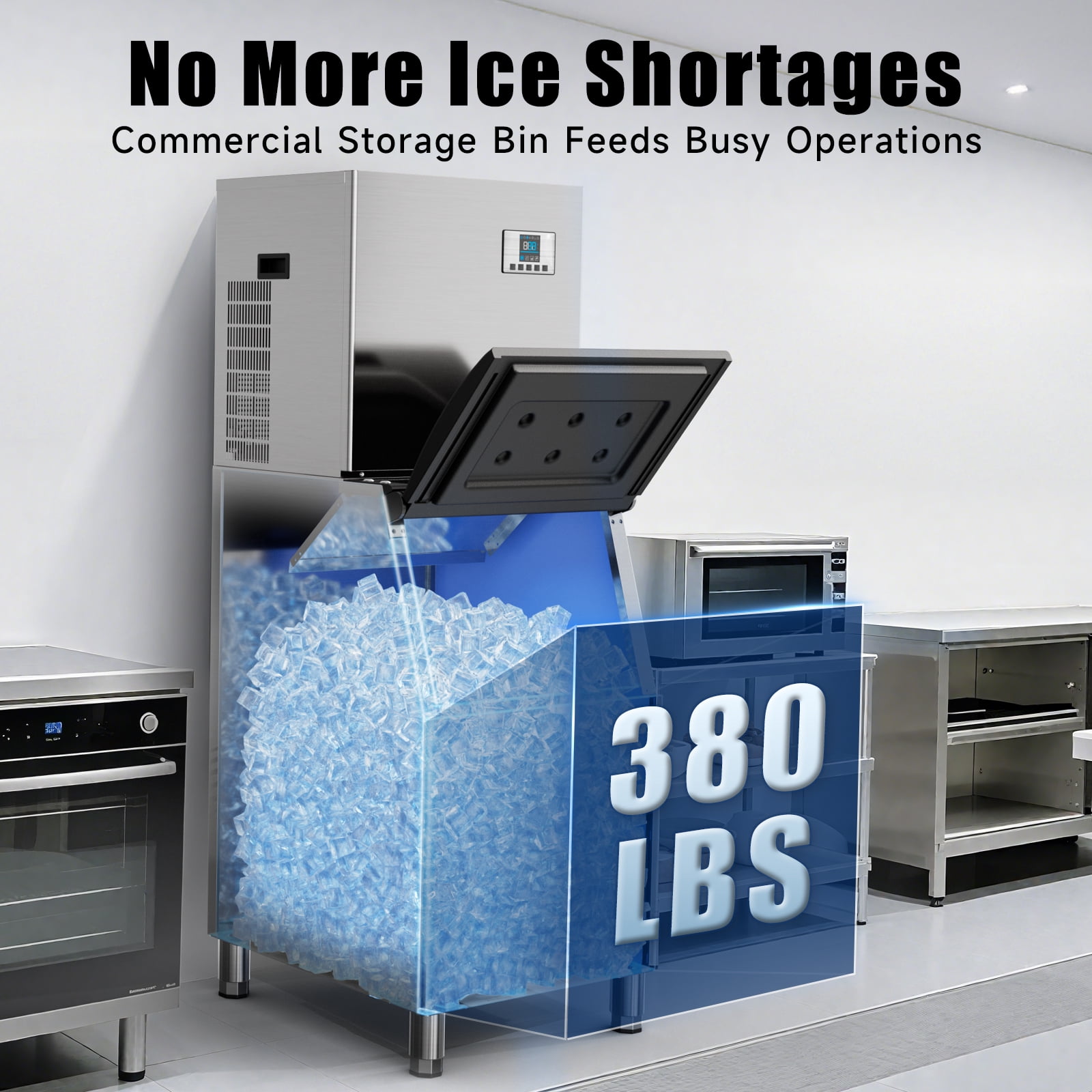Commercial Ice Maker 380LBS Ice Storage Bin, Durable Stainless Steel and Adjustable Steel Feet