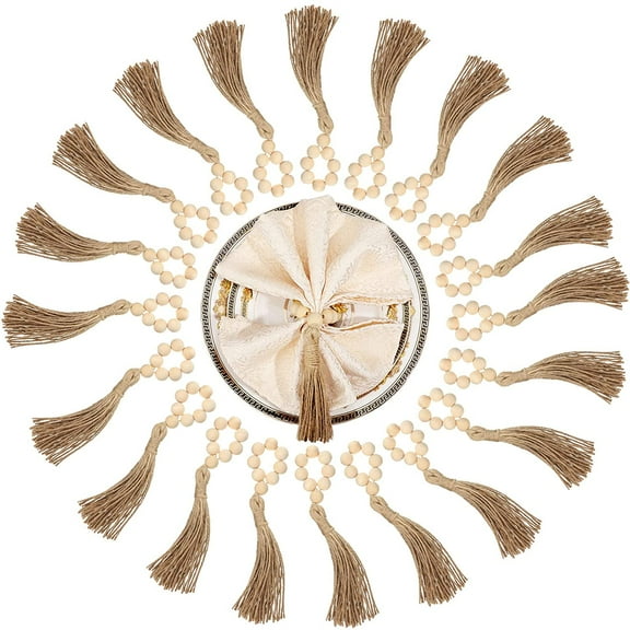 TACYKIBD Boho Napkin Rings Farmhouse Napkin Ring with Tassels Wooden Bead Napkin Holder for Wedding Table Decoration (20 Pieces)