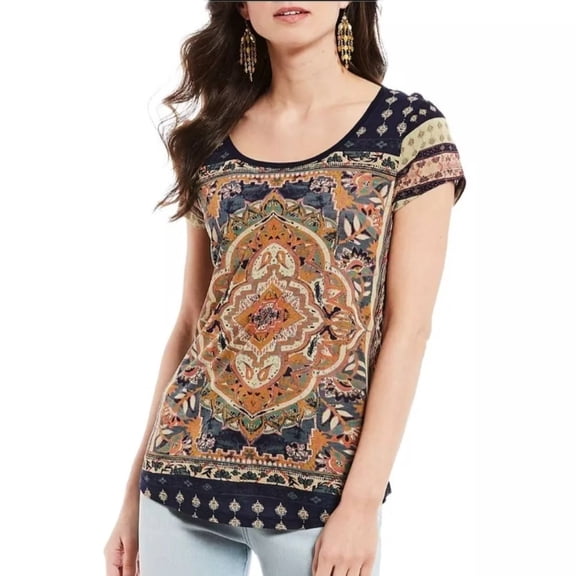 Lucky Brand Women's Persian Carpet Print Tee Cotton Blend T-Shirt (Navy, S)