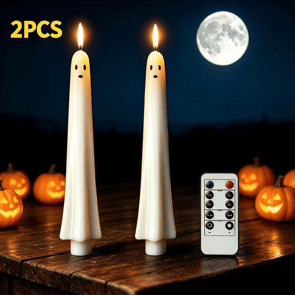 2-Pack Ghost Flameless Taper Candles with Remote - Battery Operated Real Wax LED Halloween Candles Decor for Home & Party